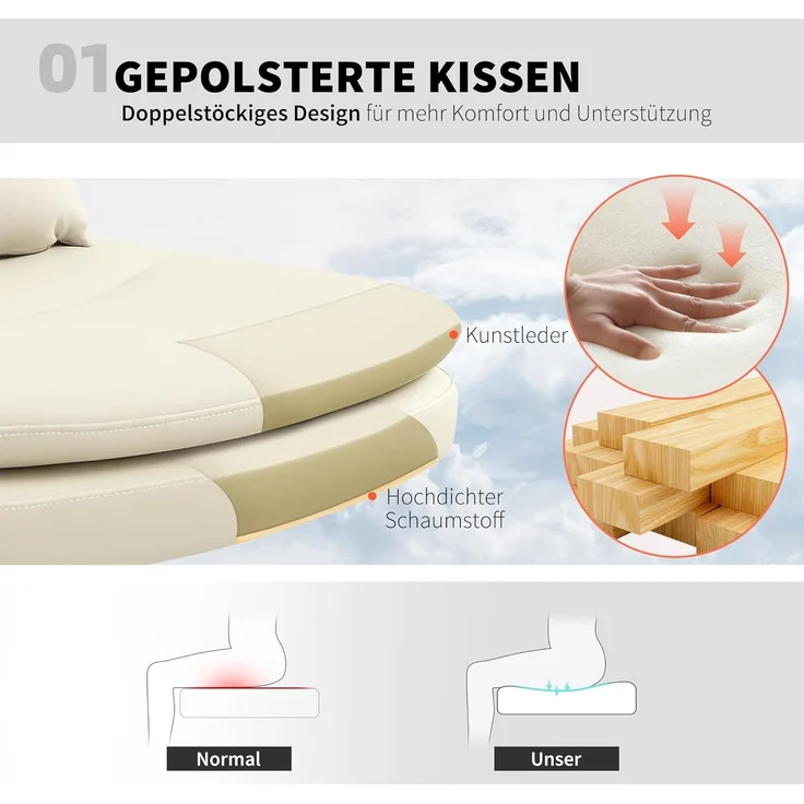 HOMCOM Bürostuhl ohne Armlehnen, mit breit doppelschichtig Polster, Kissen (gepolsterter Schreibtischstuhl, 1 St), Kunstleder Schneidersitz Stuhl für Büro, Beige – Bild 4