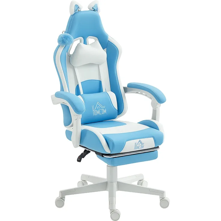 MELAYR, Gaming-Sessel mit Katzenohren, neigbare Lehne, 65 x 62 x 124 cm, Hellblau, Ausführung DE10