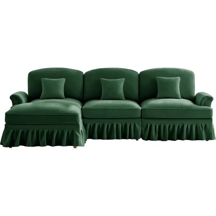 Modulares Mid-Century L-förmiges 3-Sitzer Sofa, Chenille, Trichter-Armlehnen, abnehmbare Rüschenschürze, spindelförmige Beine, beweglicher Hocker, tiefer Sitzkomfort fürs Wohnzimmer, Grün – Bild 7