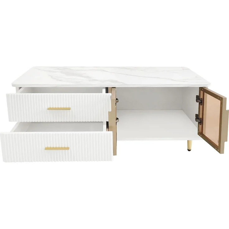 DESVIAE Couchtisch-Set 2-tlg. mit TV-Schrank und LED-Beleuchtung, Spanplatte, Weiß/Gold, 100x40x50 cm und 170x47,5x37 cm – Bild 8