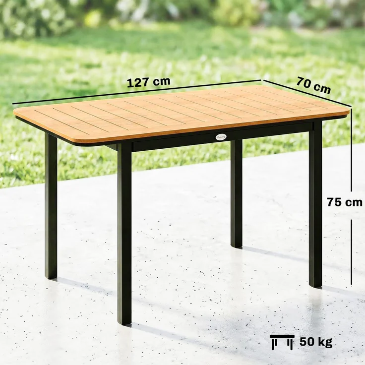Rechteckiger Gartentisch für 6 Personen aus Verbundholz mit Metallgestell und Lattenplatte, 127 x 70 cm, braun – Bild 5
