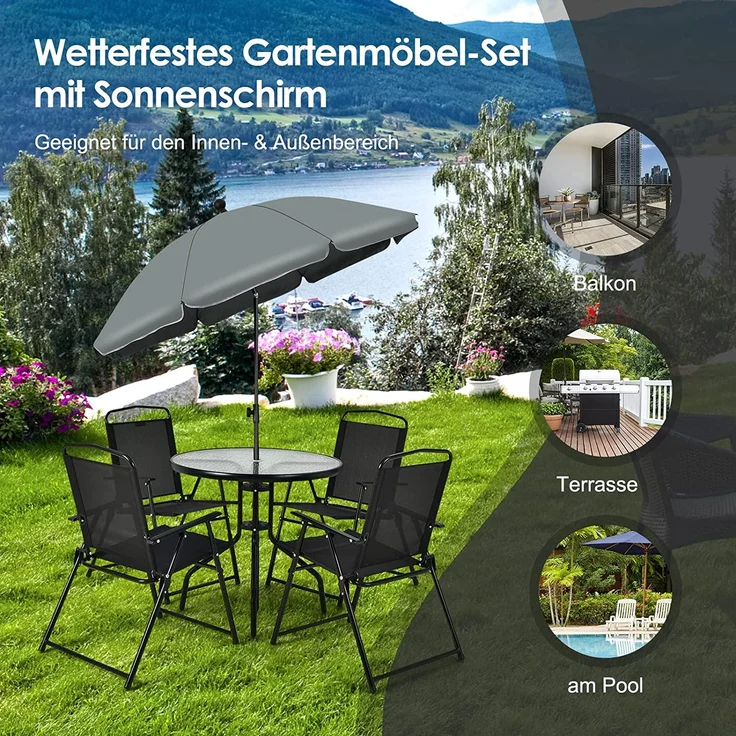 COSTWAY 6 teiliges Gartenmöbel Set, Terrassenmöbel mit Sonnenschirm, Gartentisch & 4 Klappstühlen, Schwarz – Bild 4