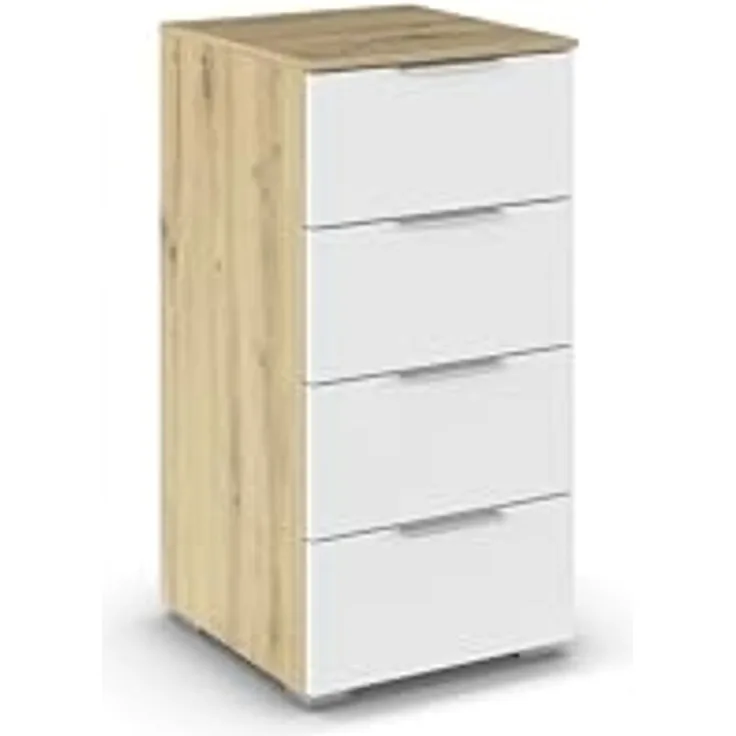 Rauch Möbel Alabama, Kommode für Schlafzimmer, Kinderzimmer, Garderobe, Flur, mit 4 Schubladen, Soft-Close-Funktion, Farbe Weiß/Eiche Artisan, Holz, Griff Alufarben, Maße 40 x 81 x 42 cm