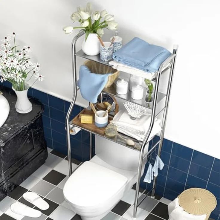 GarveeLife Toilettenregal, 3-stufiges Multifunktionsregal für das Bad, Regal Über der Toilette mit Aufbewahrungskörben, Platzsparendes WC-Regal, Leicht zu Montieren, 50 x 25 x 160 cm, Silber – Bild 3