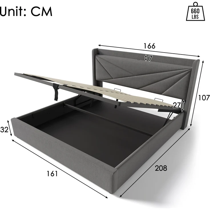 Polsterbett 160x200 cm mit Stauraum,Kopfteil mit USB & Typ-C Ladefunktion,Grau,inklusive Matratze – Bild 8