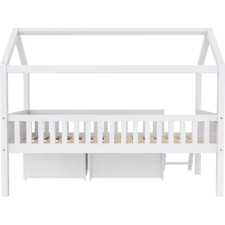 Merax Hausbett Kinderbett Jugendbett 200x90 Mit Schubladen und Ablagefächern Geeignet für Jungen und Mädchen Mit Anti-Drop-Geländer, Weiß – Bild 7