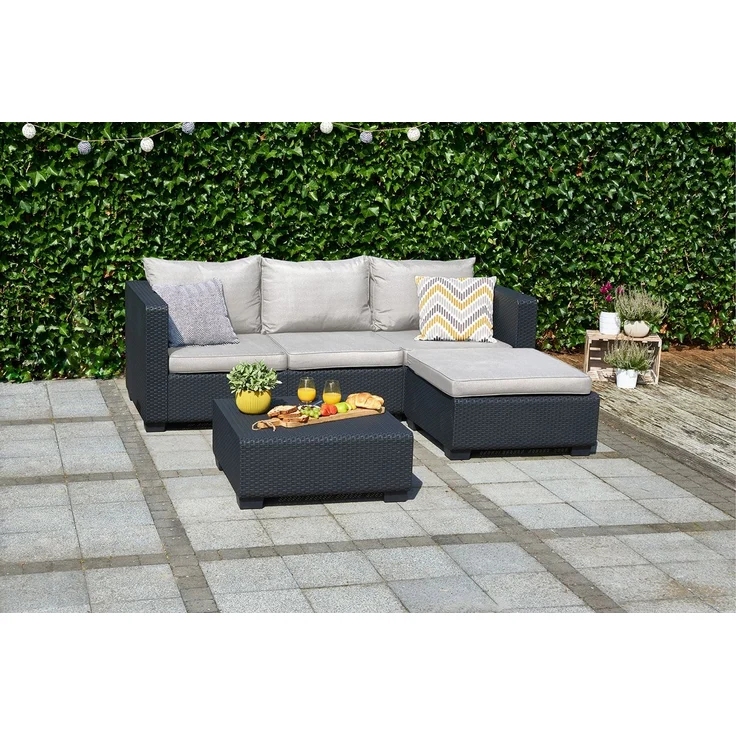 Keter 'Allibert Salta' Gartenlounge, 3-Sitzer, Hocker & Tisch, mit Kissen, Rattanoptik Anthrazit / Sand – Bild 2