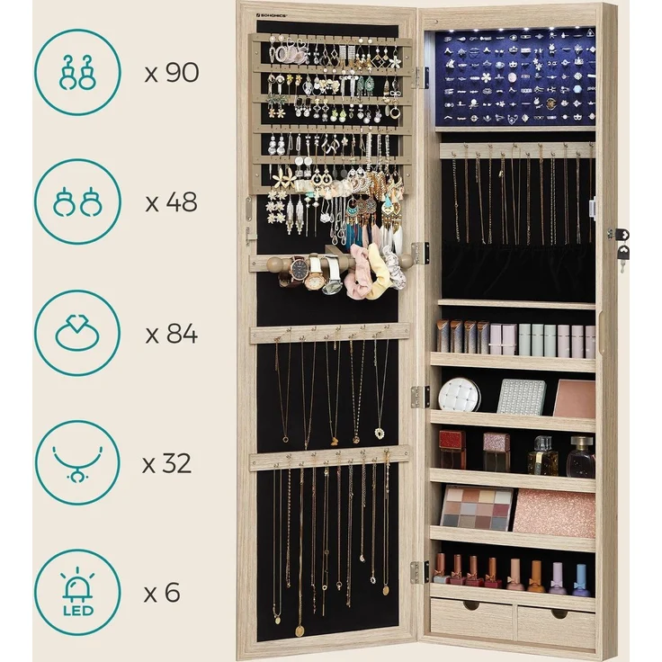 Songmics Schmuckschrank hängend, abschließbarer Spiegelschrank, Wandschrank mit Spiegel und zahlreichen Fächern, Wandmontage, an der Tür hängend, für Ketten, Ohrringe, eichefarben – Bild 3