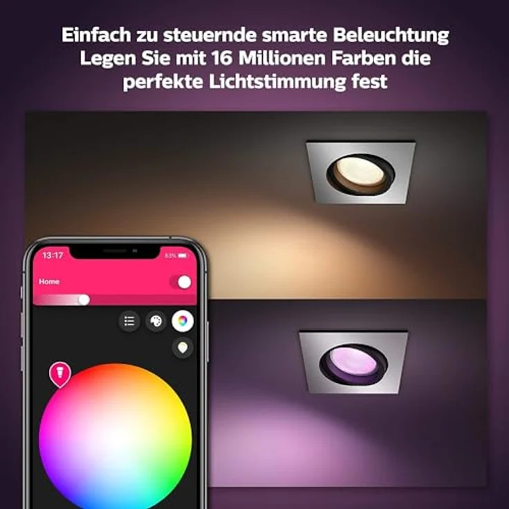 Philips Hue White & Color Ambiance Centura eckige Einbauspots 1er Pack (1.050 lm), dimmbare Deckenlampen mit 16 Mio. Farben, smarte Lichtsteuerung über Sprache und App, aluminium, neue Generation – Bild 3
