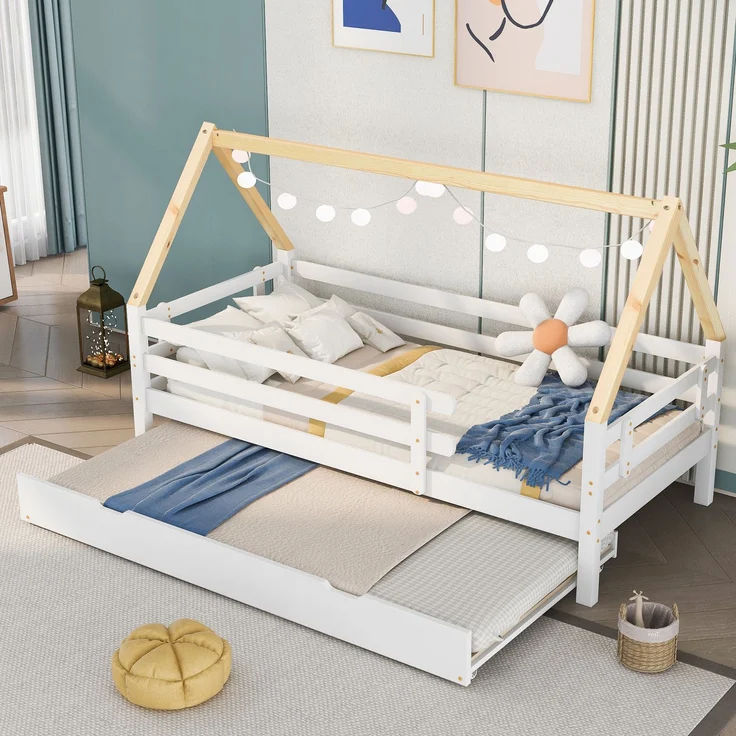 Baumhausbett, Tagesbett, Einzelbett, Kinderbett, Ausziehbett, Schiebebett mit Rollen unten, Massivholz, weißes Bett, naturfarbener Dachstuhl (90x200 & 90x190CM) – Bild 4