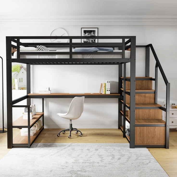 Metall-Hochbett mit Aufbewahrungsleiter,Regalen und Tisch Sicherheitszaun-Design mit gespleißten Metallplanken Hohes Eisenrahmenbett mit Metallrahmen für stabile Unterstützung,Metall,Schwarz,140 x 200 cm – Bild 2