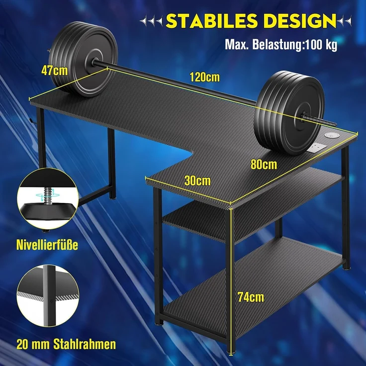 COMHOMA Gaming Tisch mit Steckdose 120 x 80cm Schreibtisch, Eckschreibtisch mit USB-Ladeanschluss und Regal, Computertisch L Form, PC Tisch für Büro, Heimbüro – Bild 8