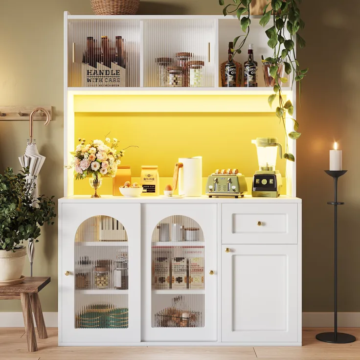 Küchenschrank mit LED-Beleuchtung 120x35x167 cm, weiß, APP-gesteuert, Glasfront & Kippschutz