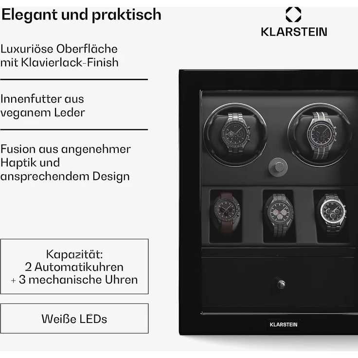 ChronoVault Uhrenbeweger | 2+3 Uhren | vegan | Hochglanz | 4 Modi | Mabuchi Motor | LED | Schublade Schwarz – Bild 2