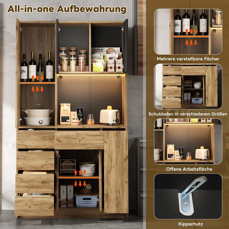 ZUBALIYA Küchenschrank 105x40x185 cm, mit LED-Beleuchtung, mit Steckdosen, mit verstellbaren Einlegeböden, aus MDF, Schwarz / Natur – Bild 7