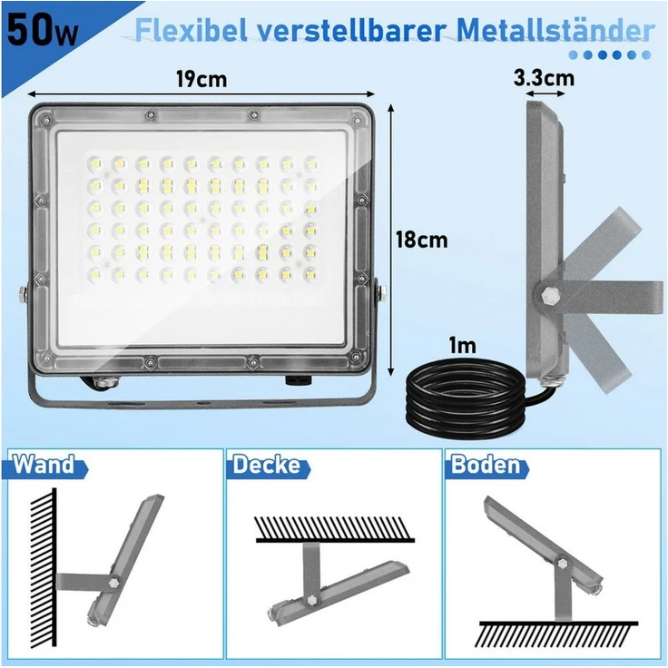 Clanmacy Flutlichtstrahler LED Flutlichtstrahler 50W Außenbeleuchtung Floodlight LED, Außenstrahler, Kaltweiß – Bild 2