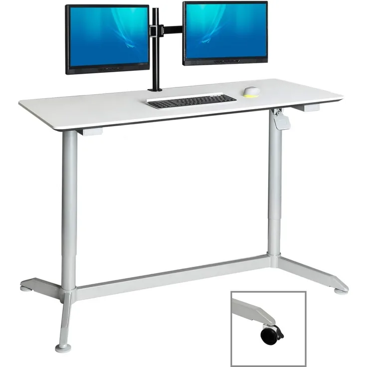 Seville Classics Airlift 137 cm pneumatisch höhenverstellbarer mobiler Steh-Sitz-Tisch (74,4 bis 110,4 cm H), weiß