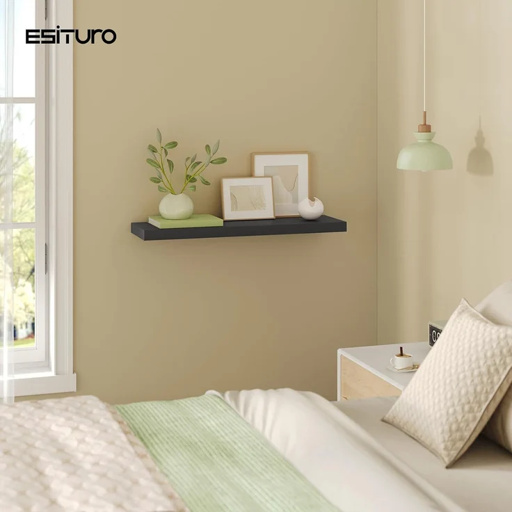 eSituro Wandregal, schwebendes Regal für Wandmontage, Schweberegal Hängeregal Wandbrett im Wohnzimmer Schlafzimmer Küche Badezimmer, glattes Schwarz, MDF, 80 x 3,8 x 22,9 cm – Bild 4