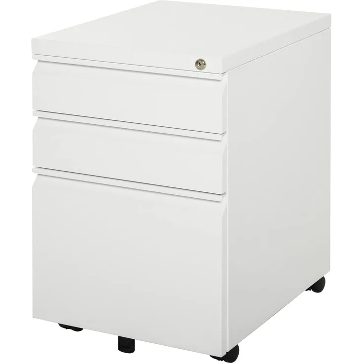 Vinsetto Rollcontainer mit 3 Schubladen Aktenschrank Büroschrank mit Rädern Bürocontainer mit konkavem Griff für Home-Office Stahl Weiß 39 x 48 x 60 cm