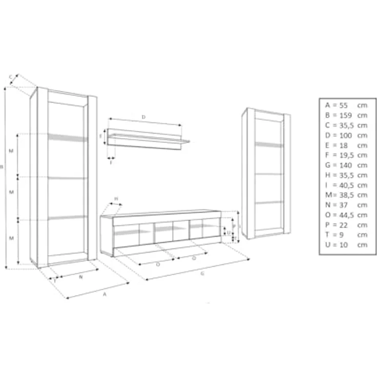 Komodee Wohnzimmerset Tivoli Grande, Eiche Wotan, Schwarz, 9 Fächer, rechteckig, 250x159x35 cm – Bild 2