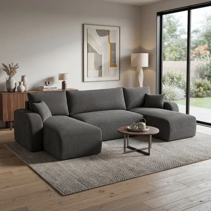 Wohnero24 Habana U Ecksofa 325x153 cm mit Schlaffunktion 281x133 cm – Große Wohnlandschaft U-Form – Sofa U mit Bettkasten – Cord Dunkelgrau Couch XXL – Familien Sofa Modern
