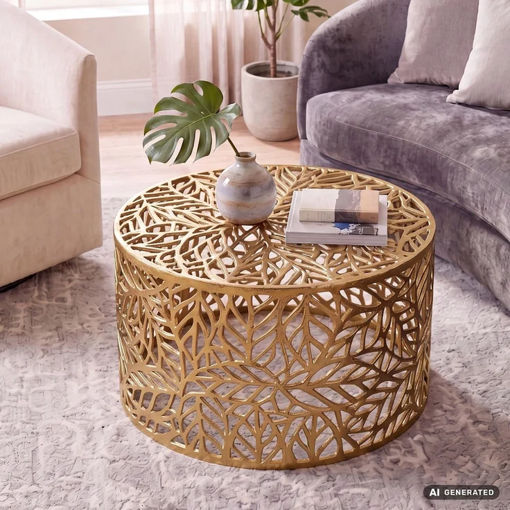 Couchtisch Aluminium Gold 60cm Rund Sofatisch Metall - Wohnzimmertisch Alu modern mit Blattmuster - Design Tisch niedrig - Loungetisch Beistelltisch Handgefertigt – Bild 2