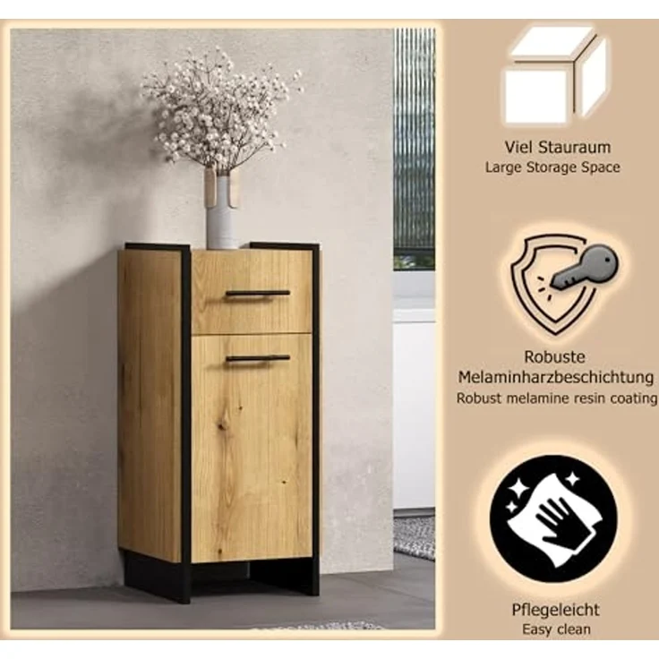 trendteam smart living - Safiya - Kommode - Eiche/Schwarz - Standschrank mit 1 Tür (Türanschlag Links/rechts) 1 Einlegeboden und 1 Schublade - (BxHxT) 37 x 79 x 31 cm - Schubkasten-Vollauszug – Bild 7