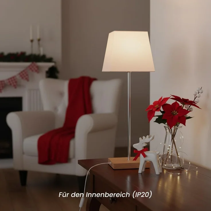 EGLO Tischlampe mit Wechselschirm, 3D Papierstern Weihnachten oder eckiger Lampenschirm in Weiß mit Fuß aus Holz und Metall, Dekostern Tischleuchte mit Kabelschalter, E14, Höhe 65 cm – Bild 5