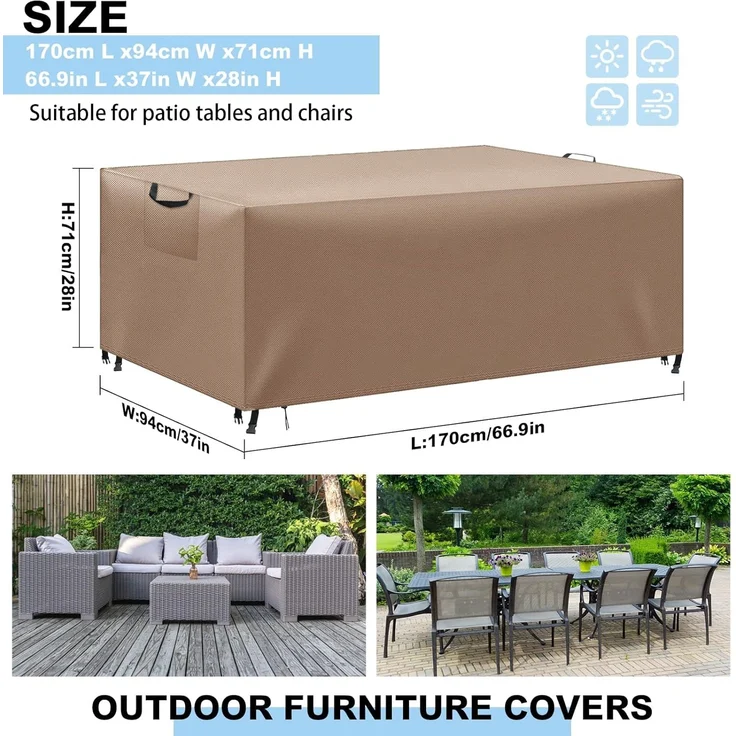WUAYAMI Gartenmöbel Abdeckung wasserdichte Abdeckplane Gartenmöbel Winddicht Anti-UV Schwerlast 420D -Oxford Gewebe für Sitzgruppe Gartentische Terrassenmöbel Khaki, 170 x 94 x 71 – Bild 3