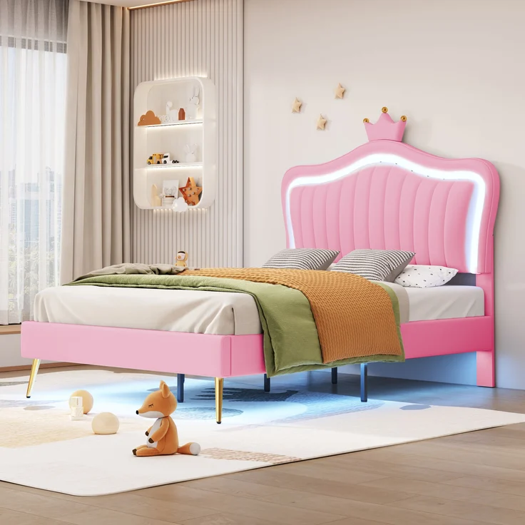 Bett 90x200 cm aus PU-Kunstleder mit LED-Leiste und verstellbarem Kopfteil – kindgerechtes Design in Pink – Bild 1