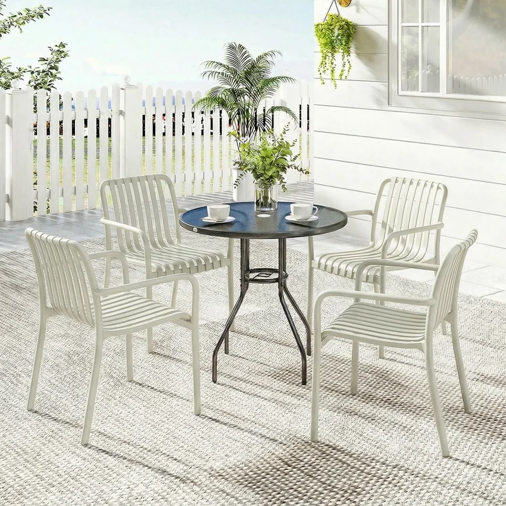 MELAYR, Gartenstühle 4er Set Stapelbare Terrassenstühle mit Lamelldesign Armlehnen, 58.5 x 55 x 81.5 cm, Cremeweiß – Bild 4