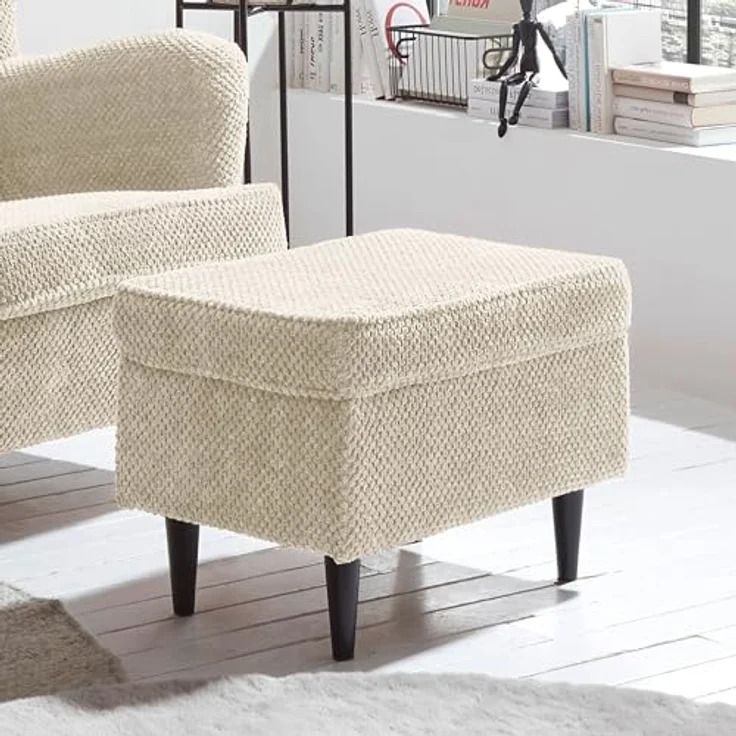 OSKAR Fußhocker gepolstert, Ivory - Vintage Polsterhocker für Sessel, Couch und Sofa - 63 x 43 x 42 cm (B/H/T) – Bild 3