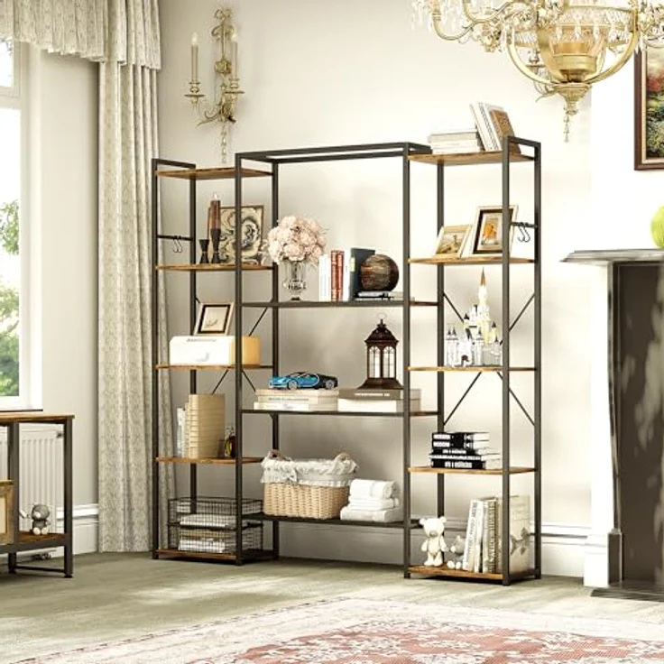 YITAHOME Industrie Bücherregal, Standregal mit 13 Regalböden, Holzregale und Regaleinheit mit Metallrahmen, Bücherständer und Lagerregal, für Wohnzimmer, Heimbüro, Vintagebraun – Bild 6