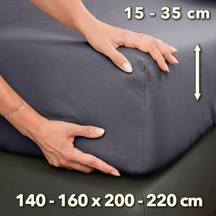 STUDIO Premium Spannbettlaken 140x200cm bis 160x220cm, Jersey-Spannbetttuch bügelfrei aus 97% Baumwolle & 3% Elastan, Grau, für Matratzen bis 35cm – Bild 3