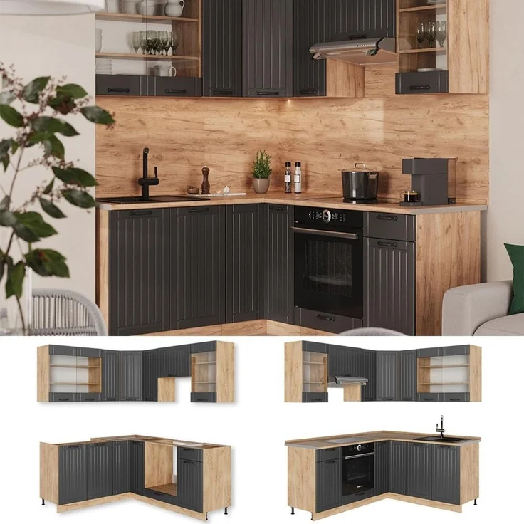 Eckküche Fame-Line Dunkelgrau/Goldkraft Eiche 190 x 160 cm, AP Marmor Vicco – Bild 5