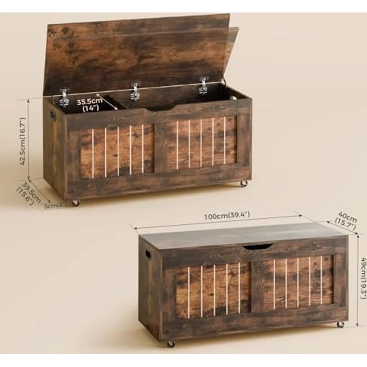 Mondeer Schuhbank, Sitzbank mit Stauraum, Truhenbank mit 4 Rollen und 2 Sicherheitsscharnieren, für Flur Schlafzimmer Wohnzimmer, 40 x 100 x 49 cm, Vintagebraun – Bild 3