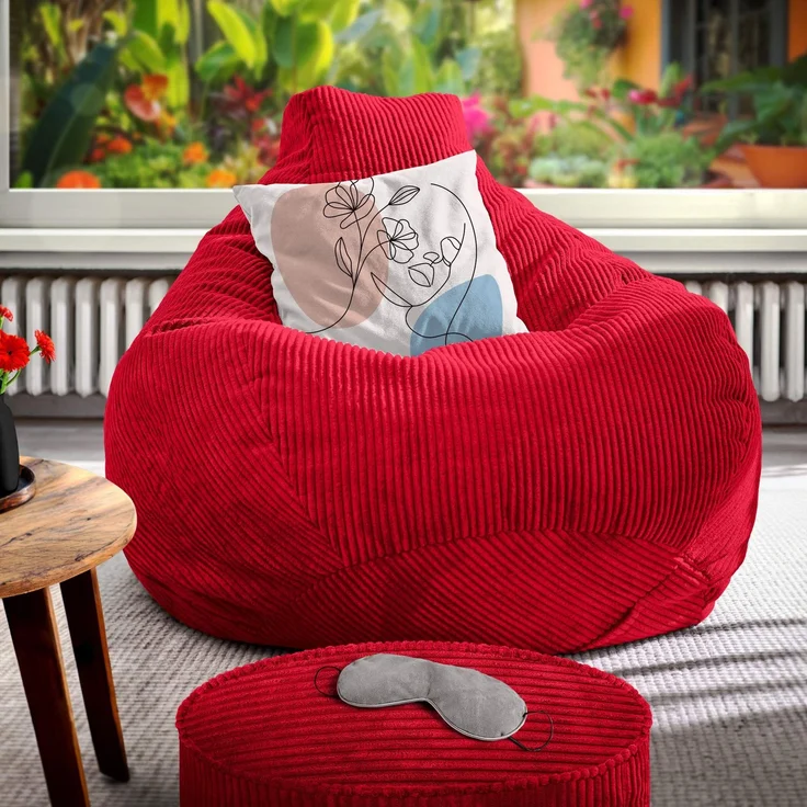 Green Bean® Sitzsack mit Hocker aus Cord - Sitzsäcke für das Wohnzimmer, Schlafzimmer, Sitzsack-Sessel für Erwachsene Rot – Bild 7