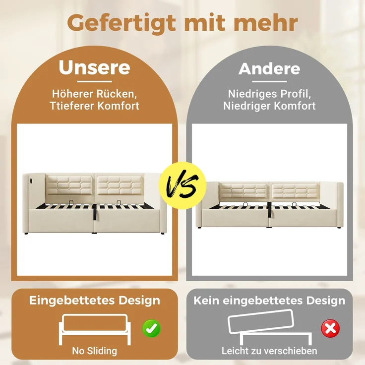 EINHOM Polstertes Sofabett 90 x 200 cm, Einzelbett Schlafsofa mit Hydraulischem Stauraum und USB & Typ-C Ladestation, Gästebett mit Holzlattenrost, Beige, Samt (Ohne Matratze) – Bild 6
