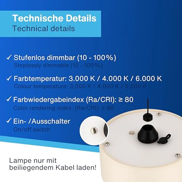 REV Pendelleuchte Akku - 120lm dimmbar 3 Farben, Timer 1-4h, höhenverstellbar (18-123cm), Hängeleuchte Wohnzimmer, Fernbedienung, Stoffschirm, beige – Bild 5