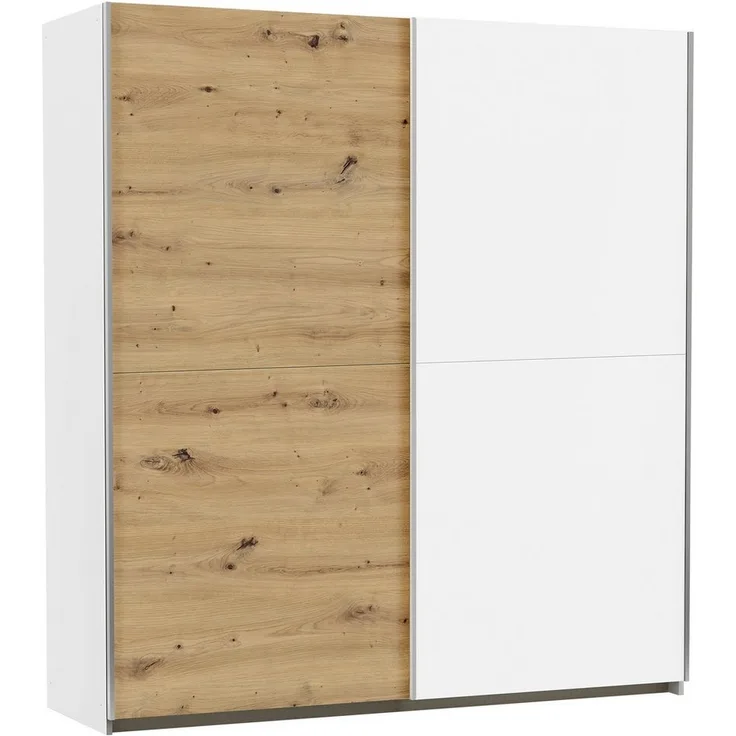 Rauch Möbel Saturn, Schwebetürenschrank mit zusätzlichen Fachböden, Kleiderschrank, Kleiderschränke, Garderobe, Schrank mit Stauraum, 2-türig, Farbe Eiche Artisan/Alpinweiß, 175 x 191 x 59 cm