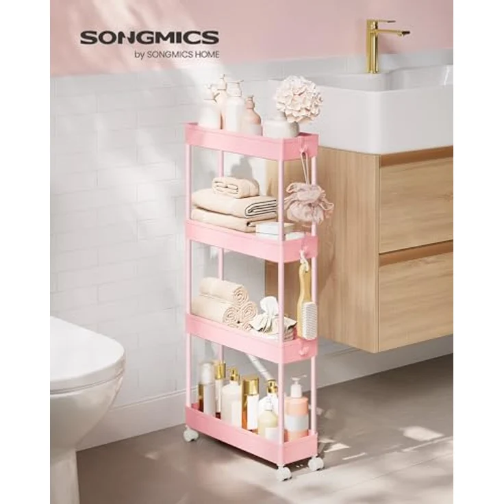 SONGMICS Rollwagen, Küchenwagen mit 4 Ebenen, Küchenregal, Nischenregal, mit 6 Haken, 360° drehbare Räder, Stahlgestell, Bad, Küche, Büro, pastellrosa KSC008R01 – Bild 3
