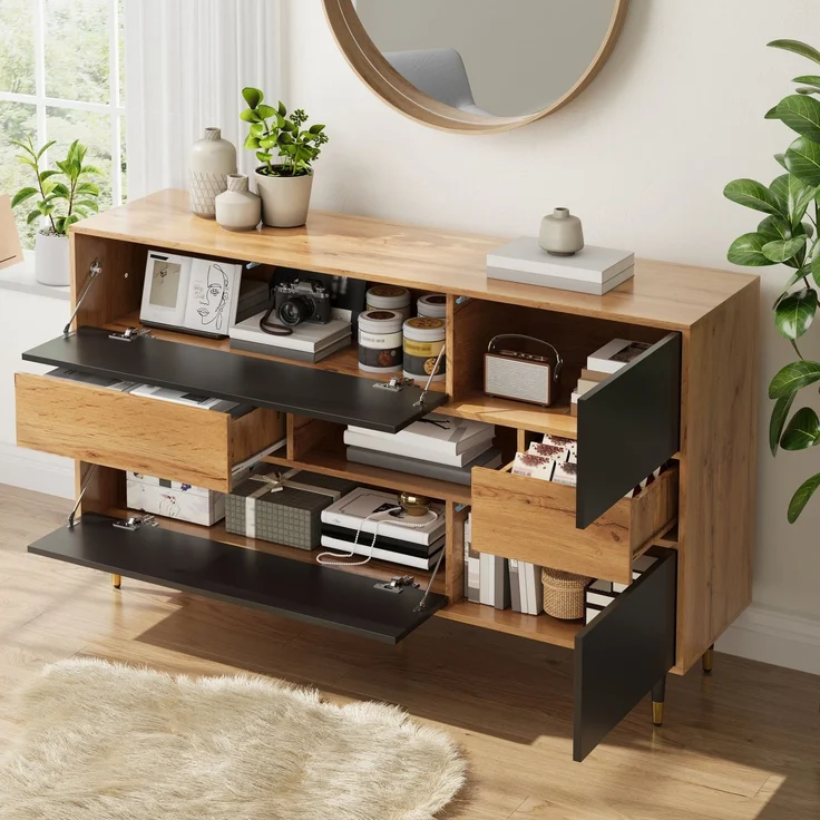 Merax Sideboard, Wohnzimmerschrank, Esszimmer-Schrank, Flurschrank, Multifunktionaler Sideboard Holz-Schwarz Kombination, 2 Schubladen, Staurschrank Esszimmer – Bild 2