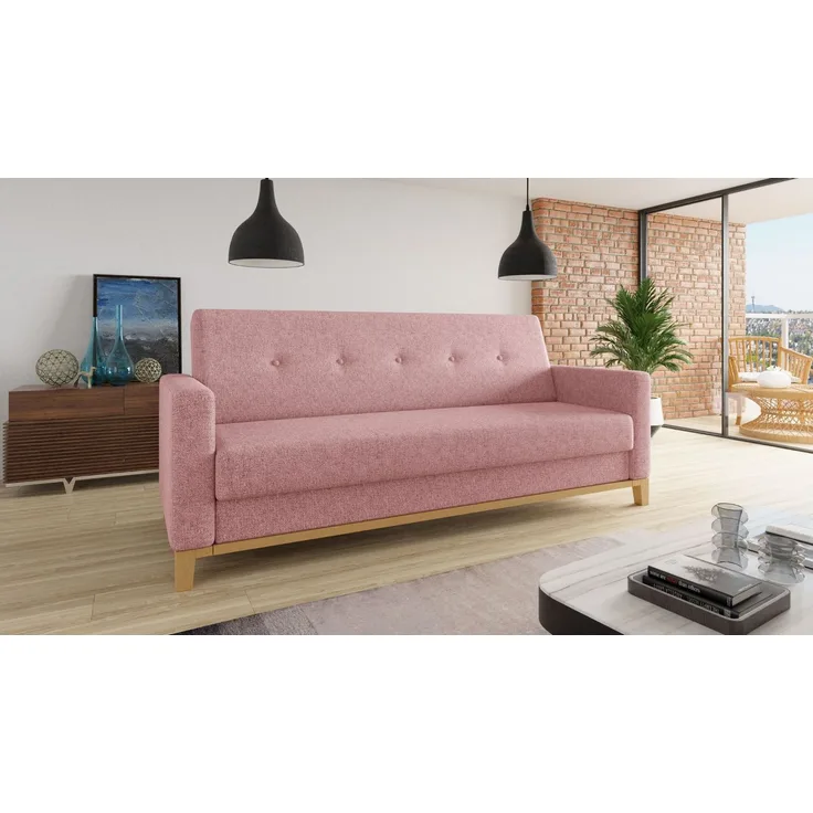 Sofa Wood mit Schlaffunktion - Schlafsofa mit Bettkasten, Bettsofa, Massivholz, Polstersofa mit Holzfüße (Pink (Twist 16))