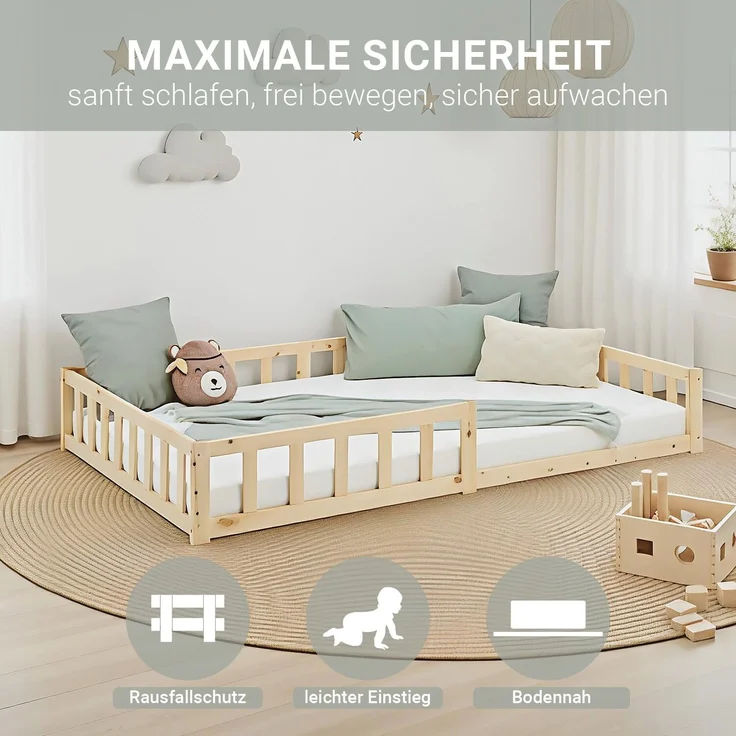 Kinderbett 120x200 Bodenbett mit Rausfallschutz Montessori Bett Kleinkindbett Holz Kiefer Natur Massiv Einzelbett Lattenrost Bettgestell – Bild 5