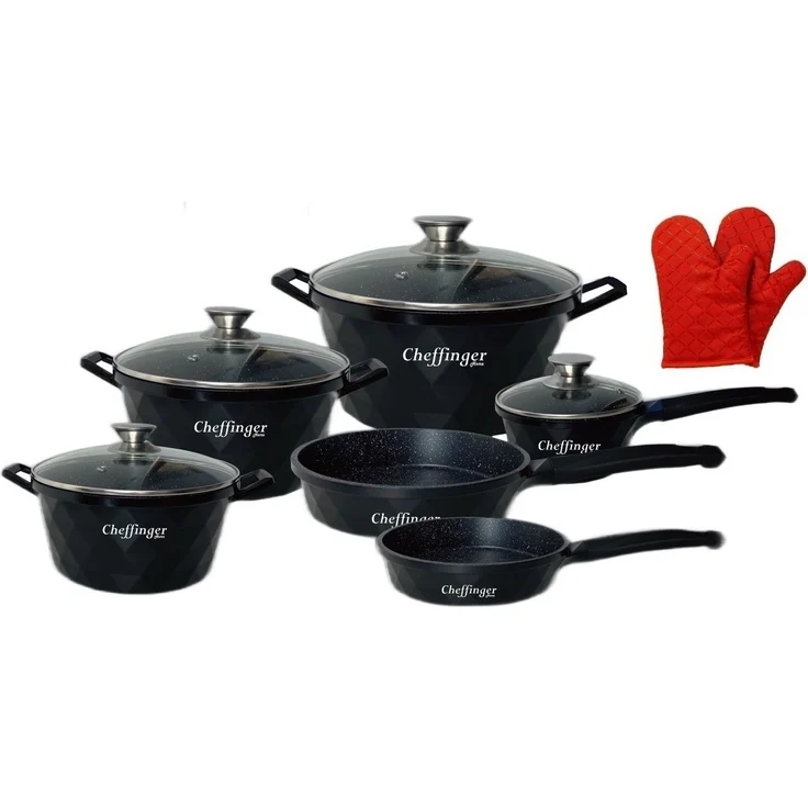 Topf Kochtopf Kasserolle Bratpfannen Set 12tlg Induktion Cheffinger black DIAC12