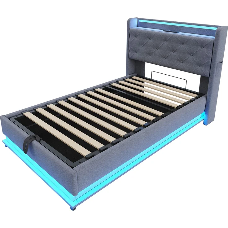 Merax Kinderbett Polsterbett 90*200cm, Mit farbwechselnden Lichtern und USB-Steckdose, Kopfteil aufklappbar, Mit Hydraulischem Stauraum, Mit Handytasche, Multifunktionales Einzelbett, Leinenstoff Grau – Bild 9