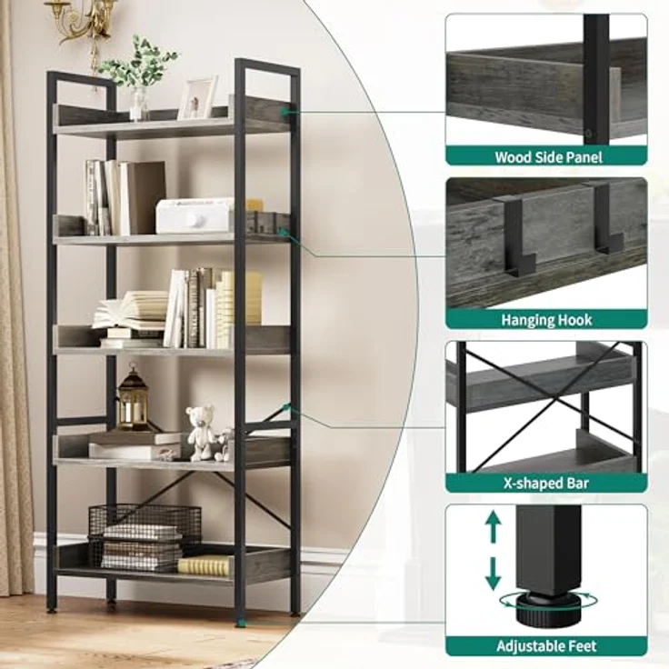 YITAHOME Bücherregal mit 5 Ebenen, bodenstehendes Bücherregal, Holzregal und stabile Stahlrahmenregale mit 4 Haken, industrielles Lagerregal für Wohnzimmer, Heimbüro, Graues Standregal – Bild 5