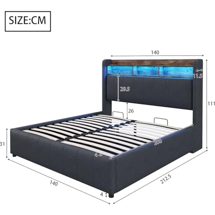 Ball & Cast Polsterbett (140x200 cm) mit hydraulischem Stauraum, Doppelbett mit Beleuchtung und USB-Ladefunktion, Einfach & Zeitsparend Montierbar, Grau – Bild 3