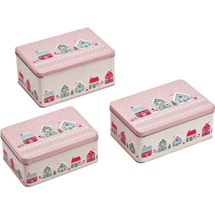 matches21 HOME & HOBBY Vorratsdose Große Metall Plätzchendosen Weihnachtsdorf 3er Set Rosa Bunt, Metall, (3-tlg), Eckige Weihnachten Blech Vorratsdosen als Keks-Dosen in 21, 19, 17 cm – Bild 2