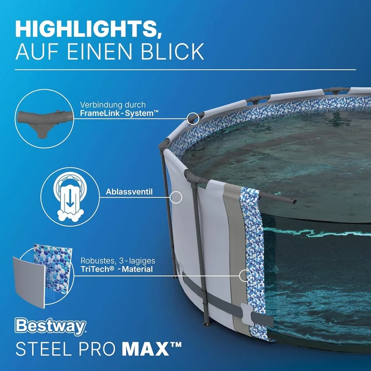 Bestway Steel Pro MAX Frame Pool ohne Pumpe Ø 305 x 76 cm, lichtgrau, rund – Bild 5
